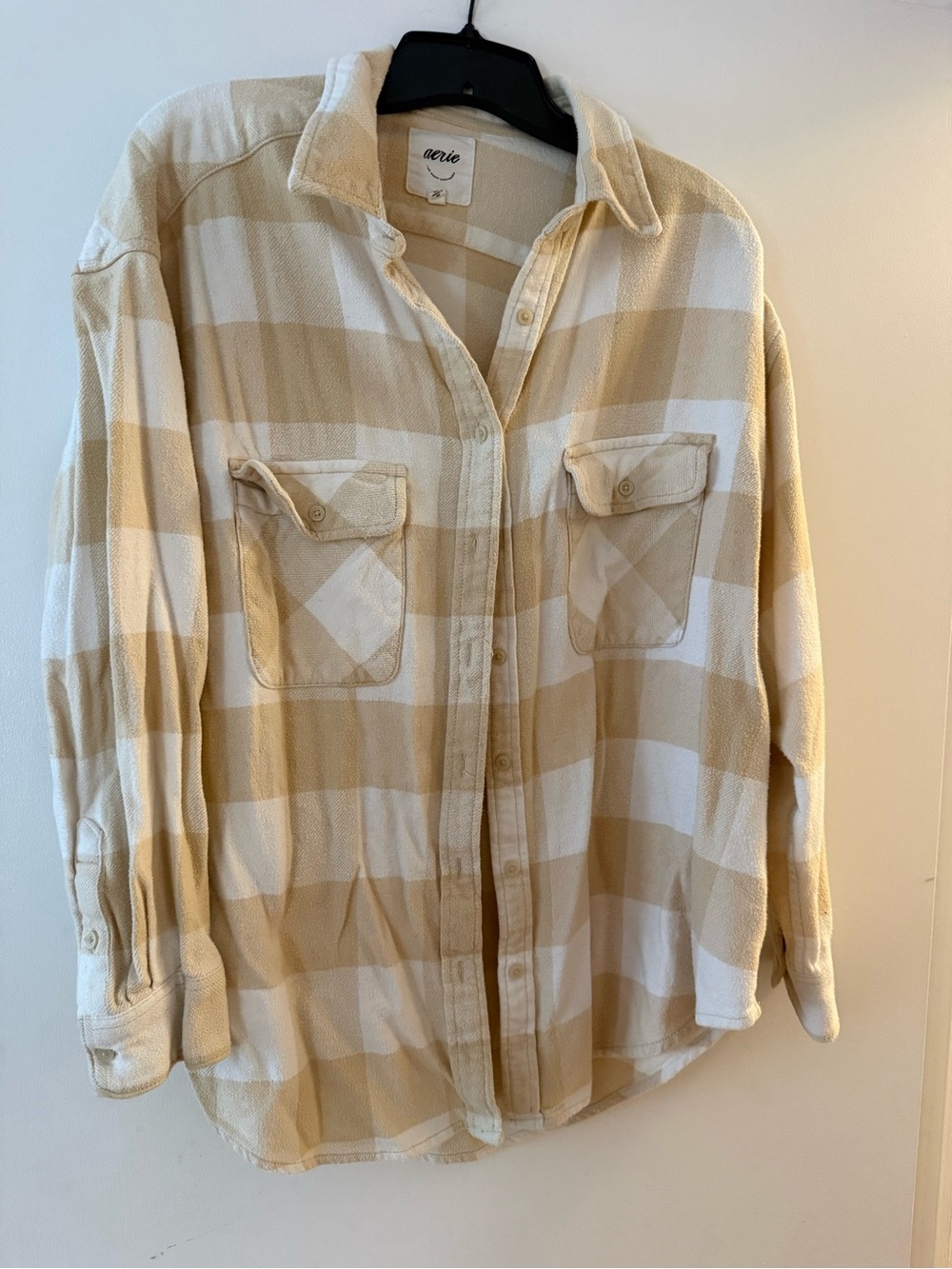 aerie Cream and White Plaid Shirt Jacket
